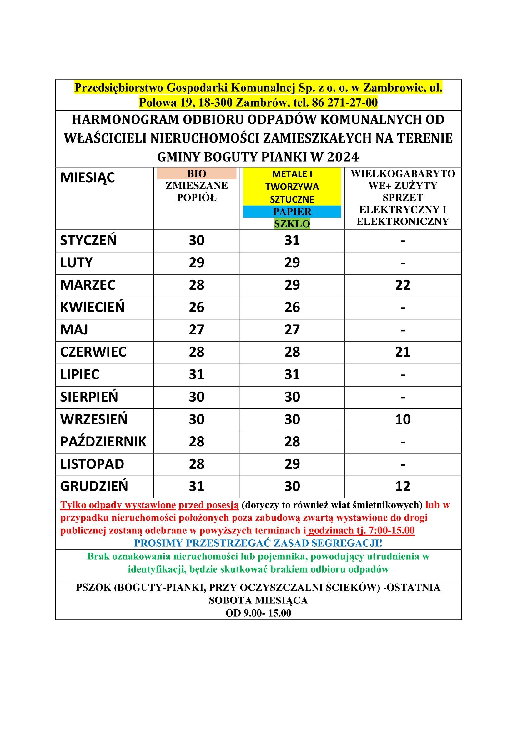 Harmonogram odbioru odpadów komunalnych 2024 r.