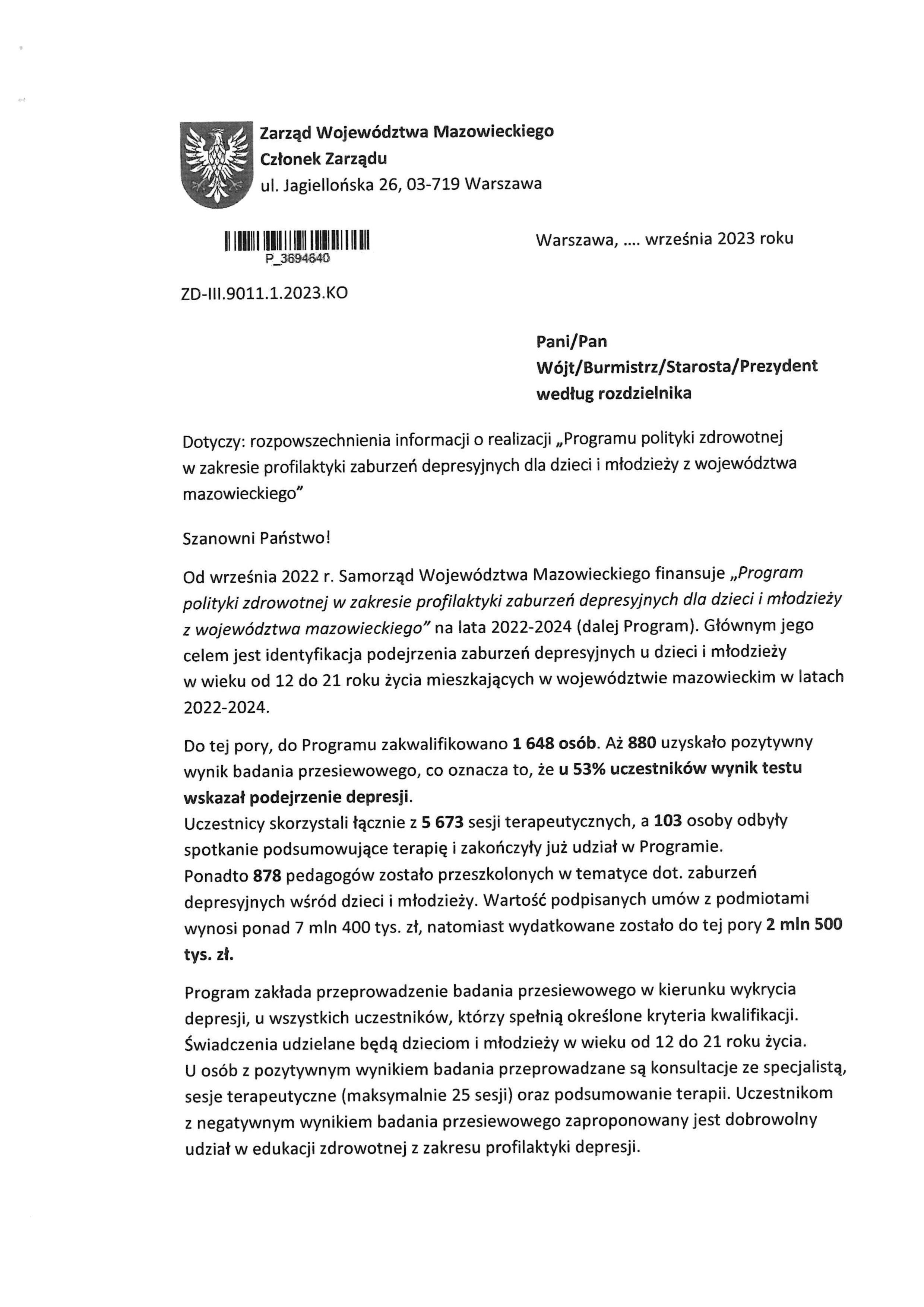 Informacja o realizacji "Programu polityki zdrowotnej w zakresie profilaktyki zaburzeń depresyjnych dla dzieci i młodzieży z województwa mazowieckiego"