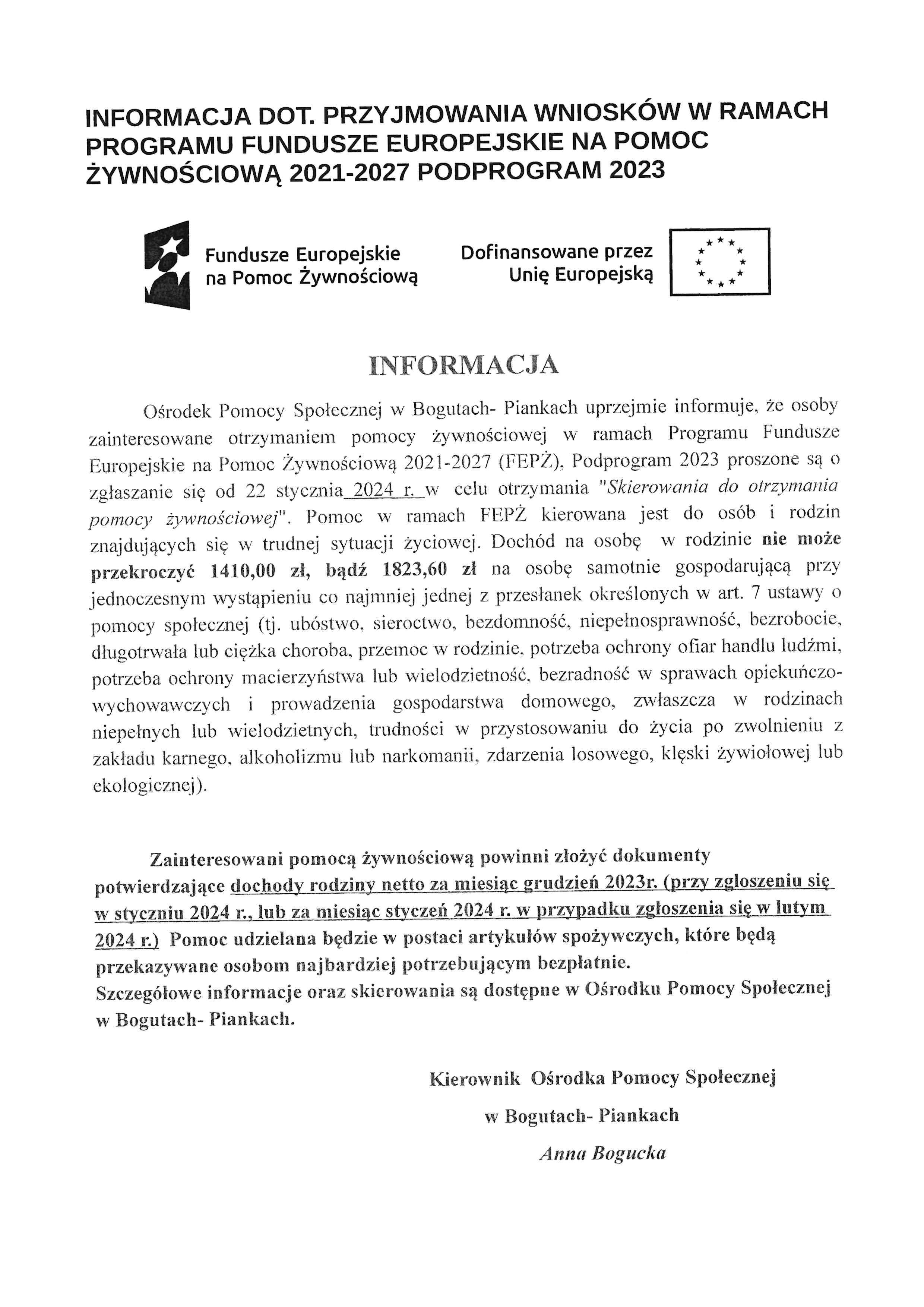 Informacja dotycząca przyjmowania wniosków w ramach programu Fundusze Europejskie na Pomoc Żywnościową 2021-2027 podprogram 2023