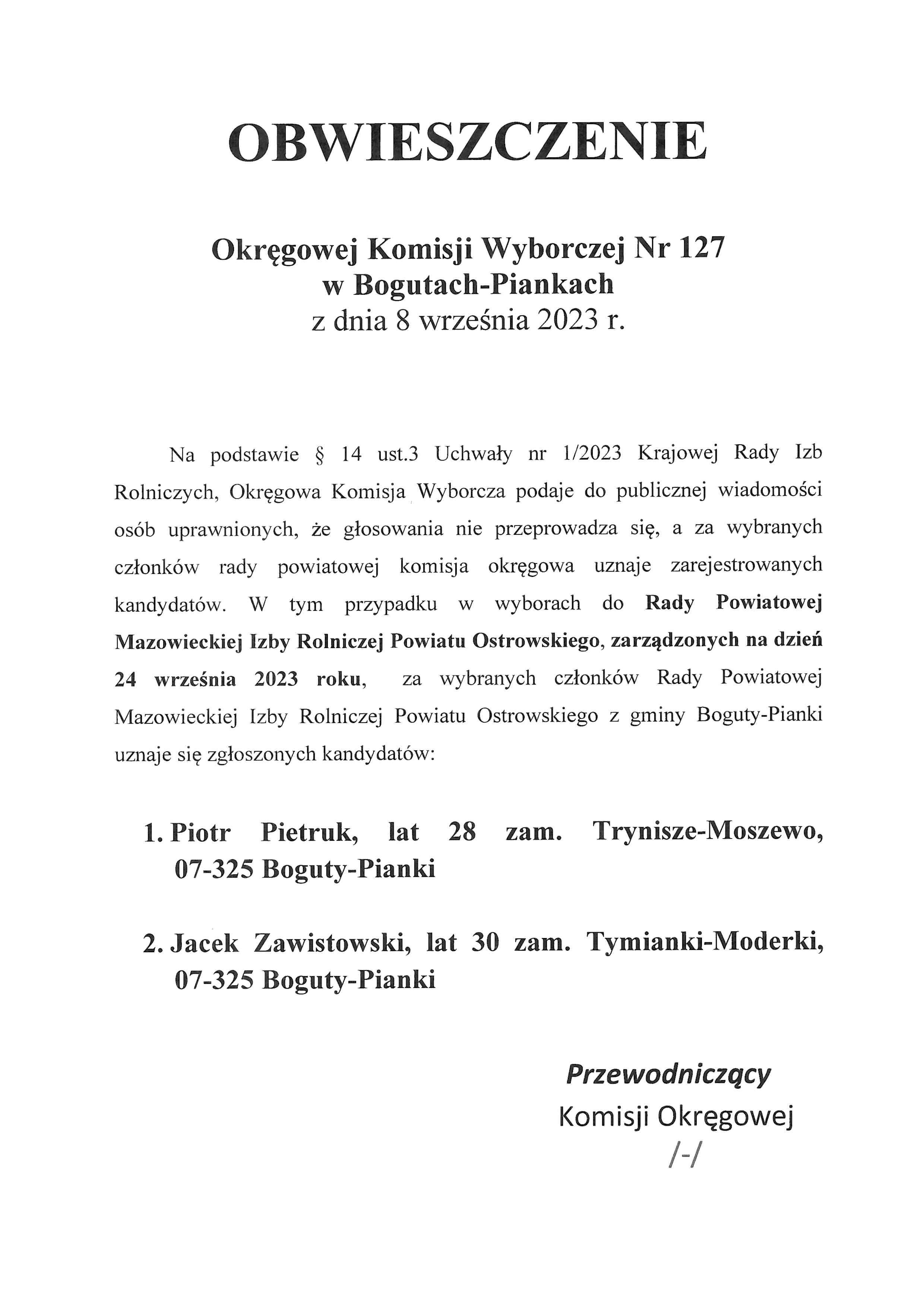 Obwieszczenie Okręgowej Komisji Wyborczej Nr. 127 w Bogutach-Piankach