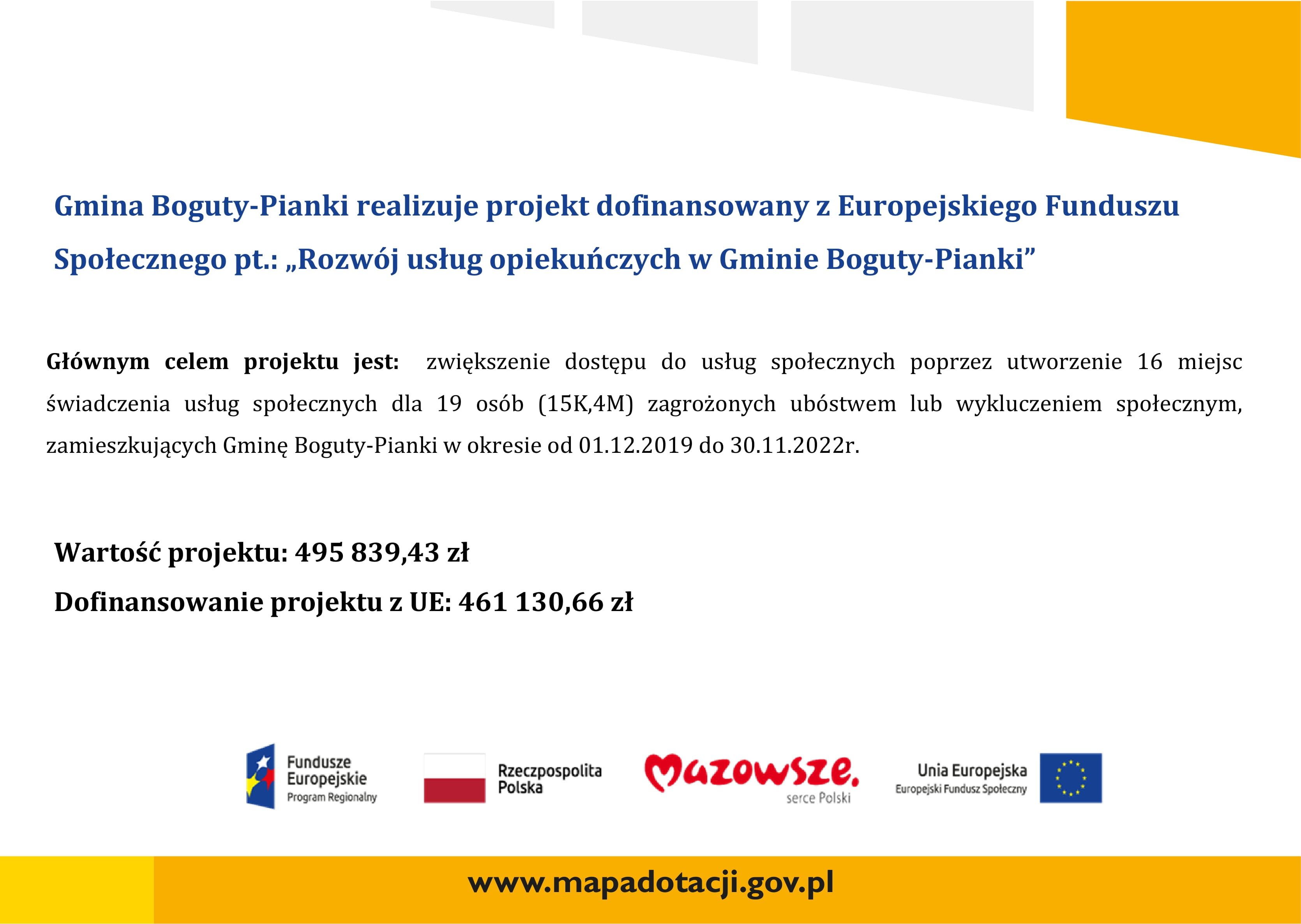 Gmina Boguty-Pianki realizuje projekt dofinansowany z Europejskiego Funduszu Społecznego pt.: „Rozwój usług opiekuńczych w Gminie Boguty-Pianki”